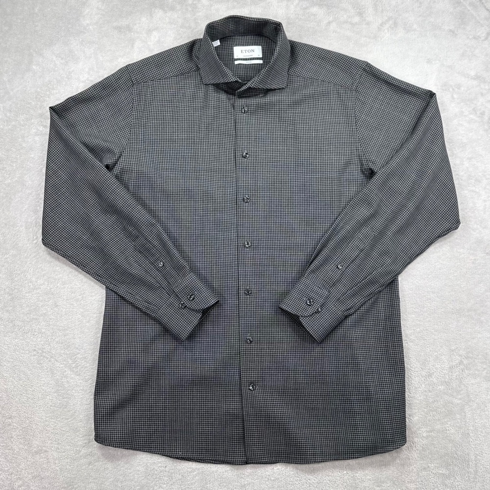 Eton Dress Shirt Men 41 16 Grey Merino Wool Contemporary Fit Micro Houndstooth